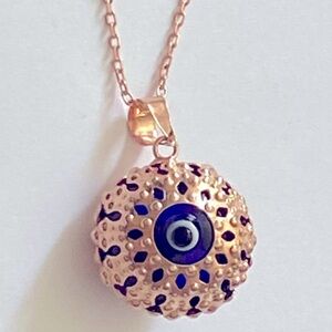 🧿925 Silver necklace blue glass evileye bead 14K rose gold plated